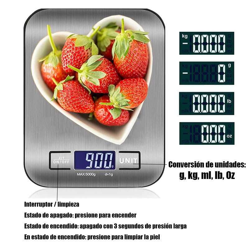 Báscula Cocina Digital USB Recargable, Báscula de Acero Inoxidable con Pantalla LCD para 10kg/22 lbs, Balanza de Alimentos Multifuncional para Cocina (Incluye 2 Baterías AAA) (USB-10KG- Plateado)