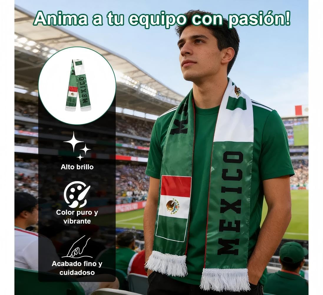 Cyxenova Kit de Animador México 6 en 1 - Incluye Bandera (95 * 64 cm), Bufanda, Matraca Ruidosa, Pintura Facial, Lentes y Pulsera - Accesorios de Fútbol para Celebración 2026 - Orgullo Mexicano