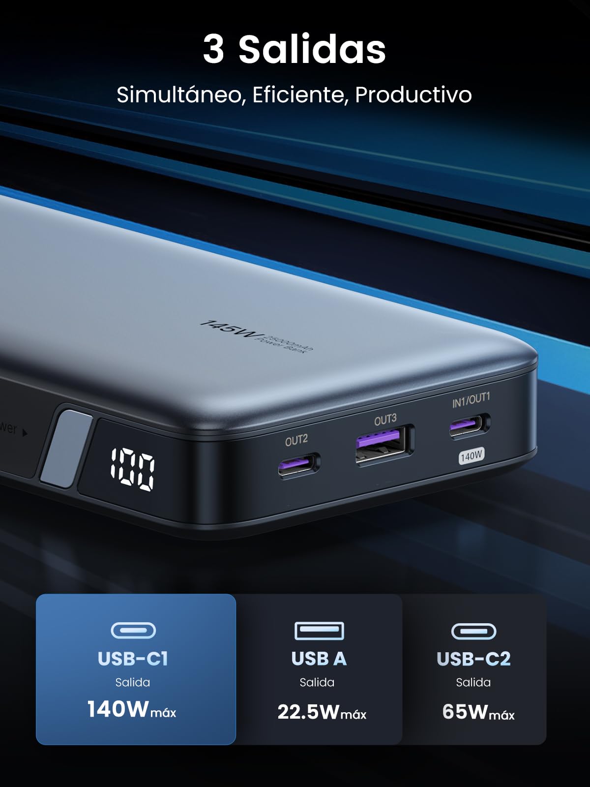 UGREEN 145W Power Bank 25000mAh Cargador Portátil Carga Rápida con Cable USB C y 3 Puertos PD3.0 Banco de Energía Batería con Pantalla Digital Compatible con MacBook iPad iPhone 16/15/14 Xiaomi Galaxy