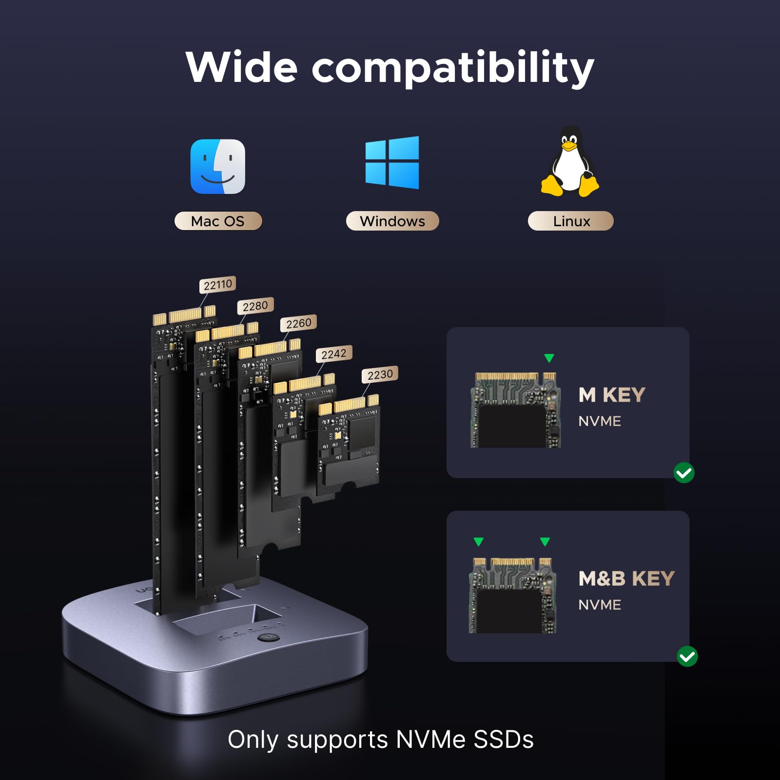 UGREEN Clonador de 20 Gbps, M.2 duplicador de doble bahía NVMe, adaptador USB3.2 Gen 2X2 a USB sin herramientas M.2 estación de acoplamiento para lector M Key PCIE NVMe SSD compatible con clon sin