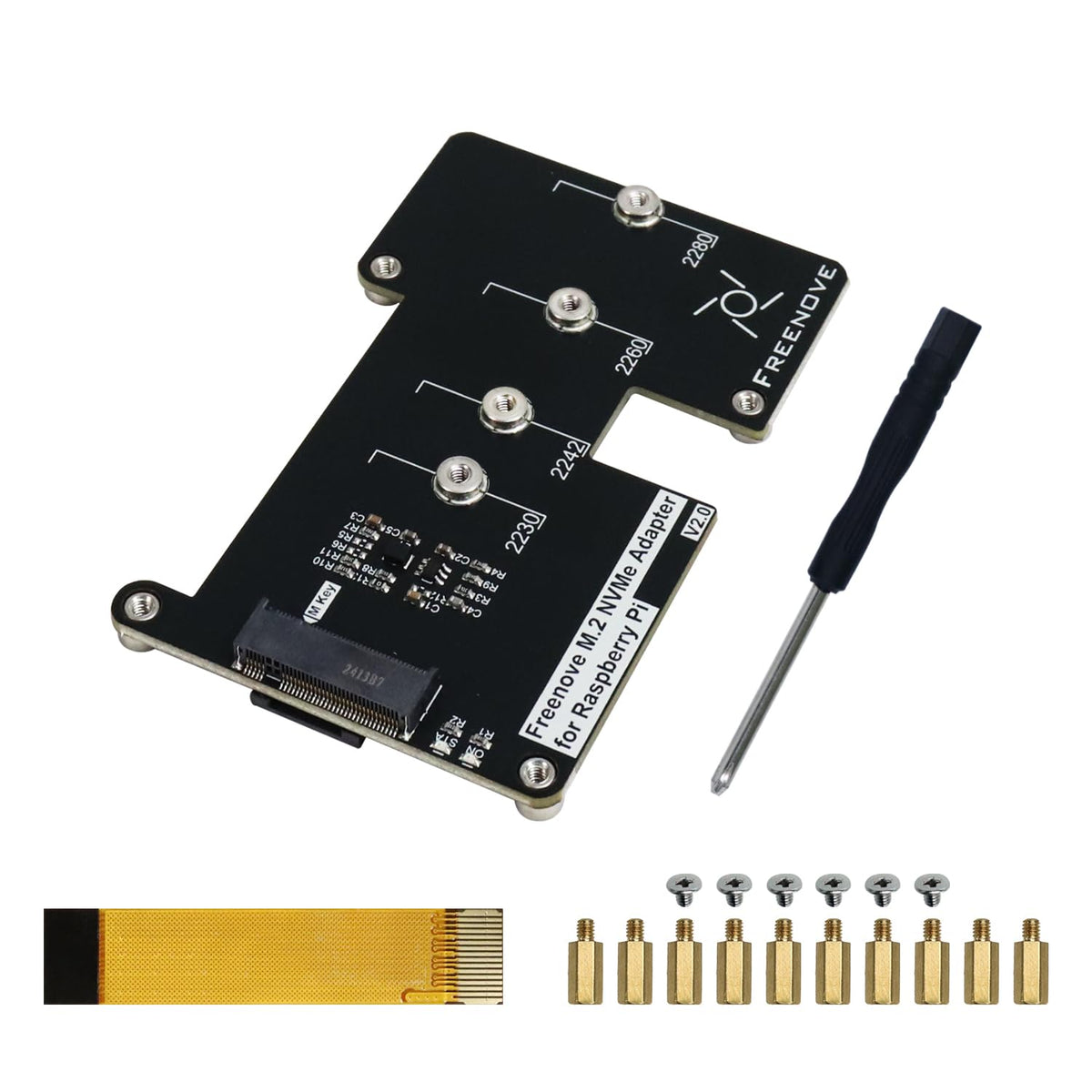 Freenove M.2 NVMe - Adaptador V2 para Raspberry Pi 5 (sin SSD), M.2 HAT Add-on Board (unidad de estado sólido) tamaño 2230 2242 2260 2280, PCIe 2.0/3.0, velocidad máxima 1231 MB/s