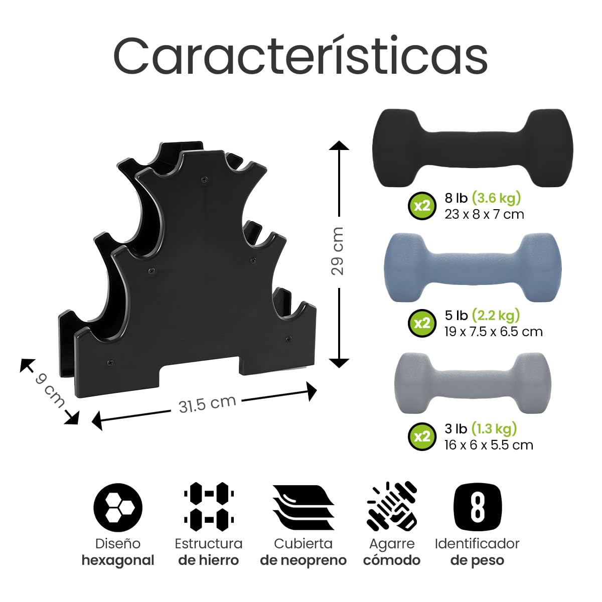 Raganet, Set de Mancuernas de 6 Piezas con Base, Pesos de 8, 5 y 3 Libras, Color Gris Elegante, Ideal para Entrenamiento en Casa y Gimnasio