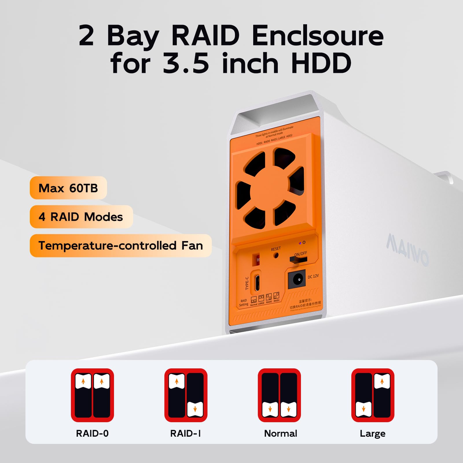 MAIWO - Carcasa RAID SATA de doble bahía para HDD/SSD de 2.5" y 3.5", 5 Gbps, configuraciones 1/0/JBOD/NORMAL + ventilador inteligente controlado por temperatura