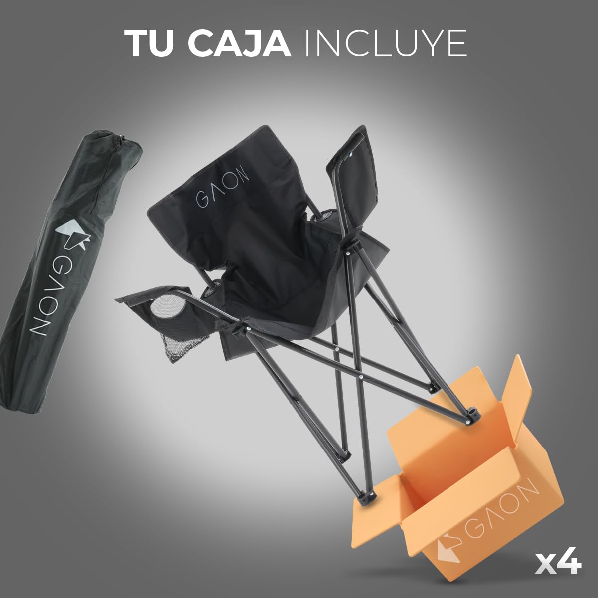 GAON. Sillas Plegables para Camping Playa o Pesca de Lona Impermeable con Reposabrazos Portavasos y Funda - Sillas Ultraligeras para Exteriores y Actividades al Aire Libre Set 4 Piezas Negro