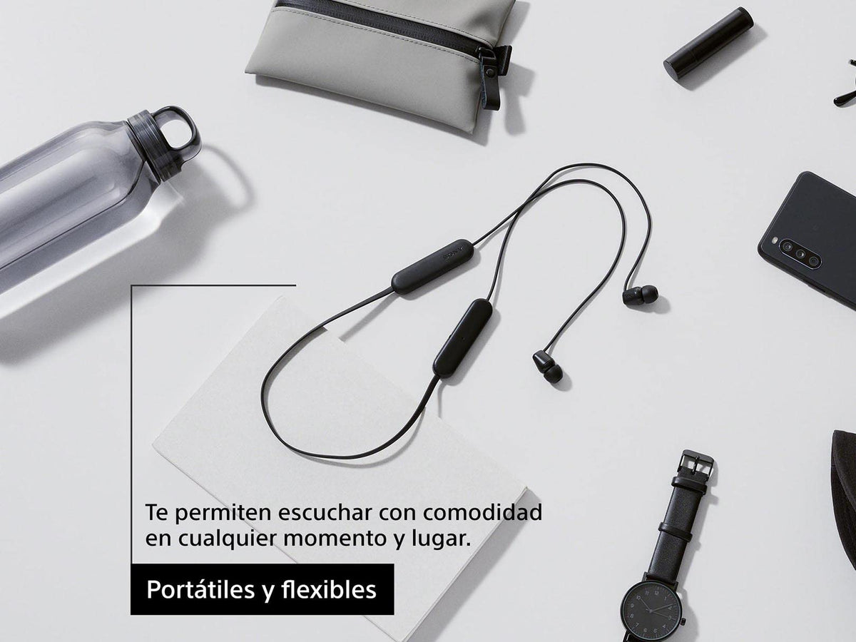 Sony WI-C100 - Audífonos inalámbricos intraauriculares con Banda para el Cuello y micrófono para Llamadas con Manos Libres, Negro, WIC100/B (Versión Nacional)