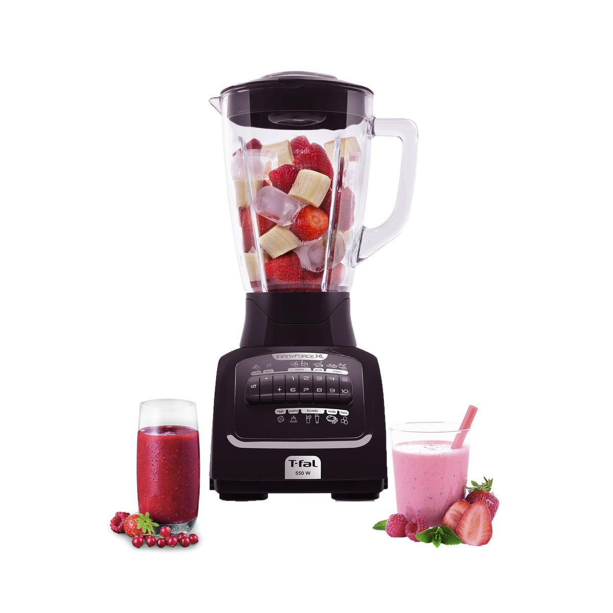 T-fal Licuadora Infinyforce XL 10 velocidades con vaso de vidrio de 2.2 litros, 550 W, con tecnología powelix y acople Carbon Drive, incluye 10 funciones, Negra, LN8208MX
