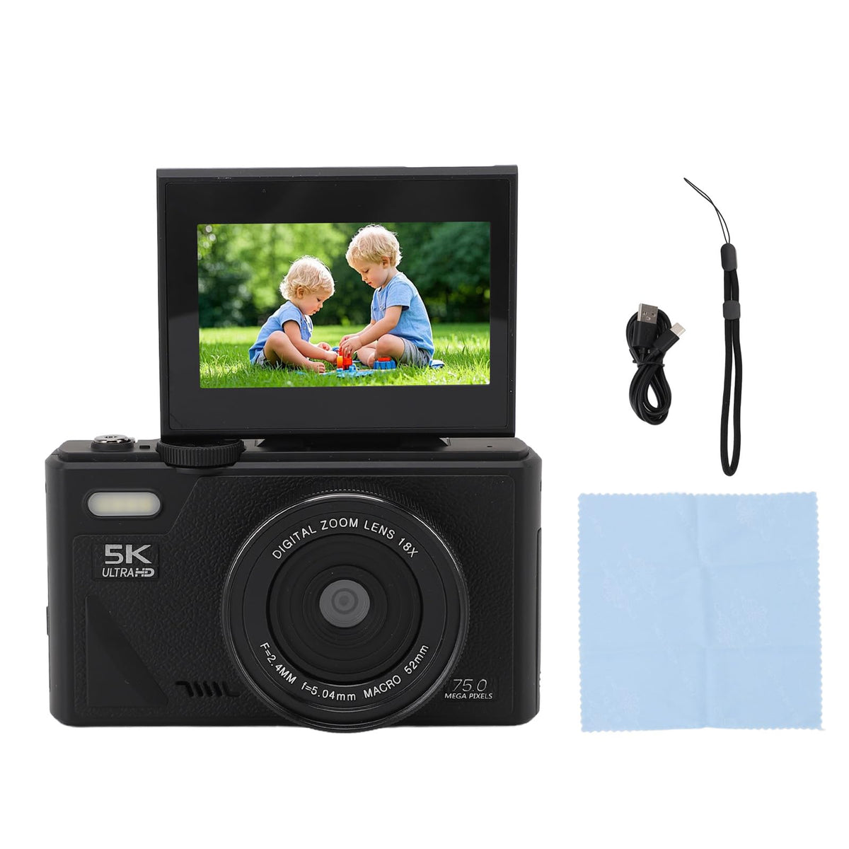 Zopsc Cámara Digital para Fotografía, Cámara de Vlogging sin Espejo de 75MP 5k con 18x óptico Autimate Authocus Anti-Shake 3in 180 ° Pantalla para Fotografía de Viaje (Black)