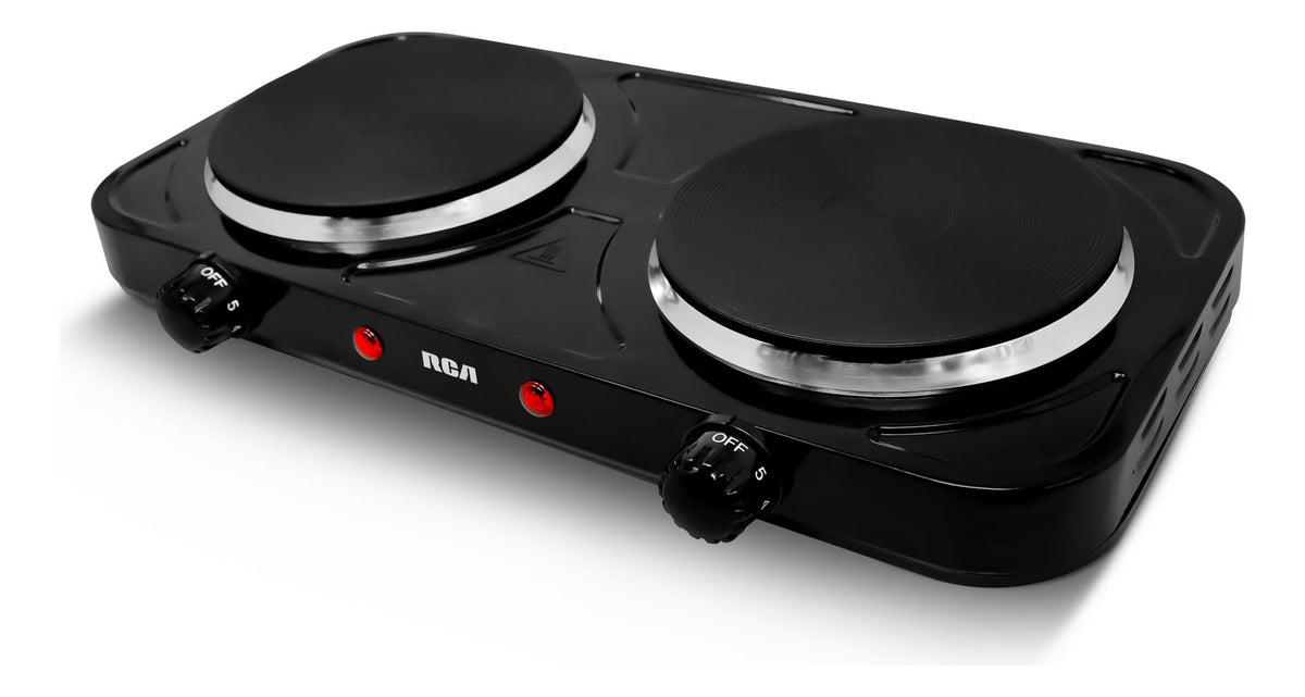 RCA Parrilla Eléctrica RC2000N con Dos Quemadores de 1000W, Acero Inoxidable, Portátil, Alta Resistencia, Calor Uniforme, 5 Niveles de Calor, Antiderrapante y Funcional para Cocina Compacta.