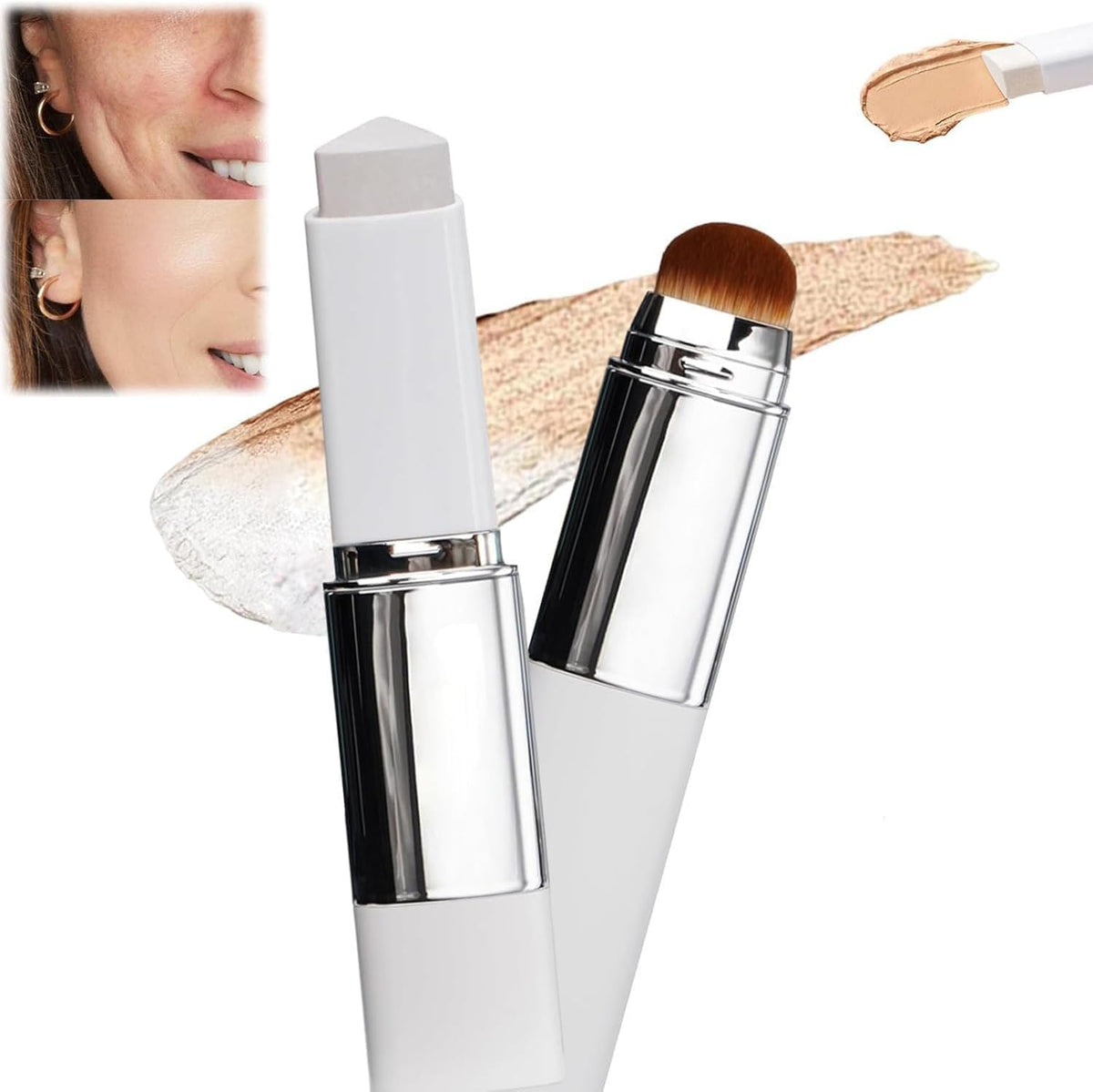 2-in-1 Foundation Stick Full Coverage,Cover Cream Stick V White Korean Foundation sticks with Volufiline,con Cepillo Desmontable,Base de Maquillaje de Cobertura Completa a Media (Medium)