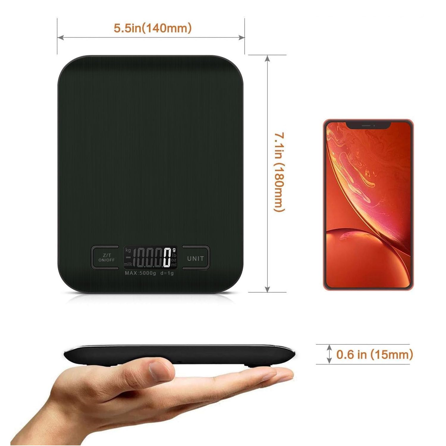 VEKENSEE Bascula de Cocina Digital de Acero Inoxidable, Multifuncional Balanza Cocina de Alta Precision Peso Cocina con Pantalla LCD y Funcion Tara Balanza de Alimentos 2 pilas Incluidas (5kg/g)