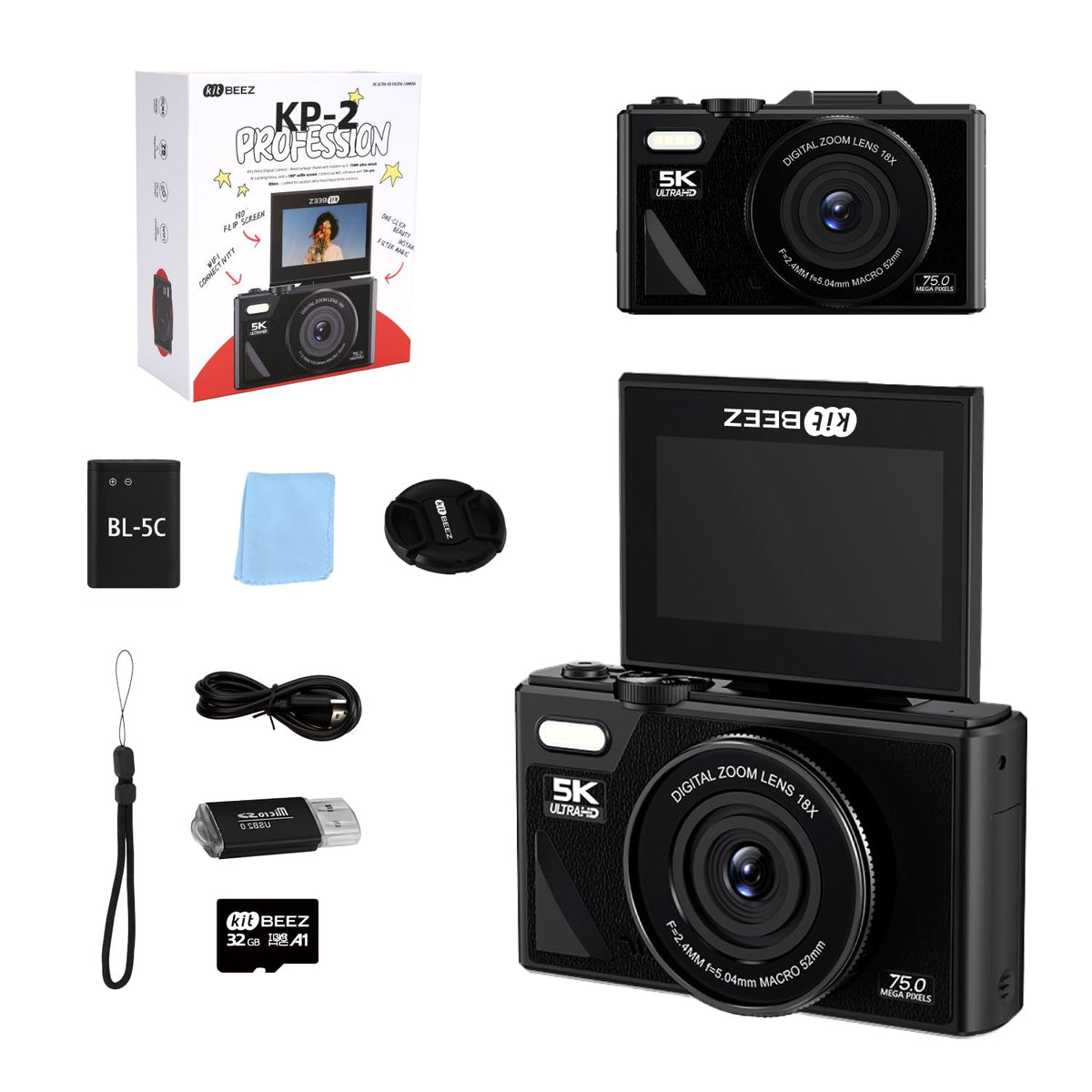 kitBEEZ Cámara Digital 5K Retro WiFi de 75 MP, Zoom de 18X, Pantalla Abatible de 3 Pulgadas, Admite Cámaras Web, Cámara Portátil de Viajes con Tarjeta 32GB SD, Negro