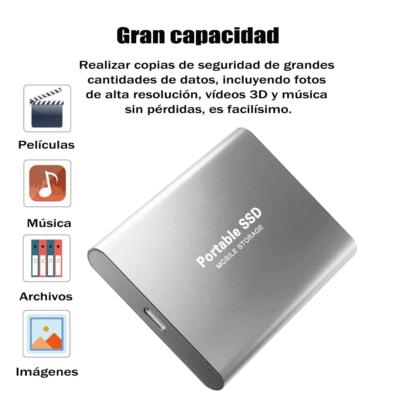 YEVDCVZX Disco Duro Externo 2 TB ssd,Memoria Externa con Cable USB 3.1 y Adaptador para Celulares,Alta Velocidad de Almacenamiento de Dato,Compatible con Portátil,Smartphone,Mac y PC (Plata, 2, TB)