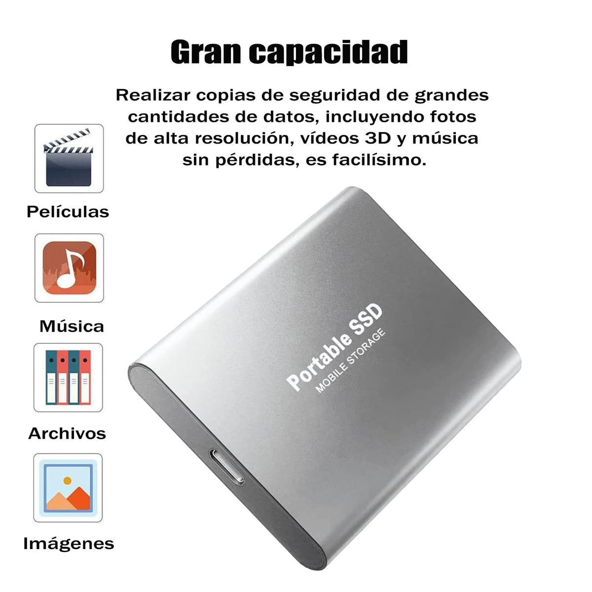 YEVDCVZX Disco Duro Externo 2 TB ssd,Memoria Externa con Cable USB 3.1 y Adaptador para Celulares,Alta Velocidad de Almacenamiento de Dato,Compatible con Portátil,Smartphone,Mac y PC (Plata, 2, TB)