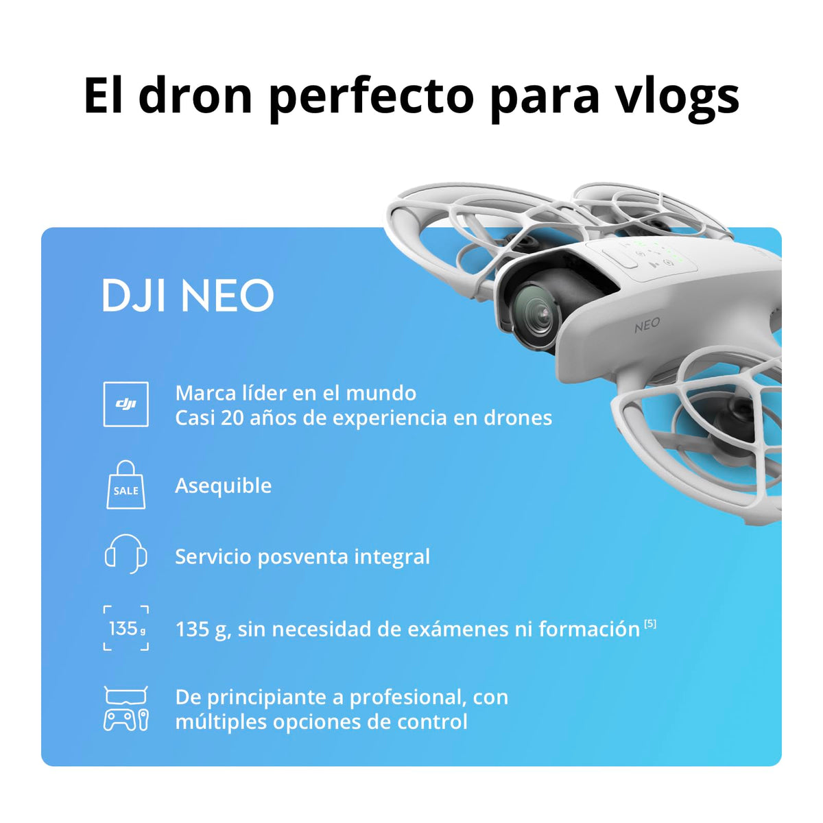Pack DJI Neo Vuela Más, dron mini con cámara 4K UHD para adultos, 135 g dron que vuela siguiéndote, despega desde la mano, seguimiento de objetivos, QuickShots, vídeo estabilizado, con RC-N3 y 3 baterías