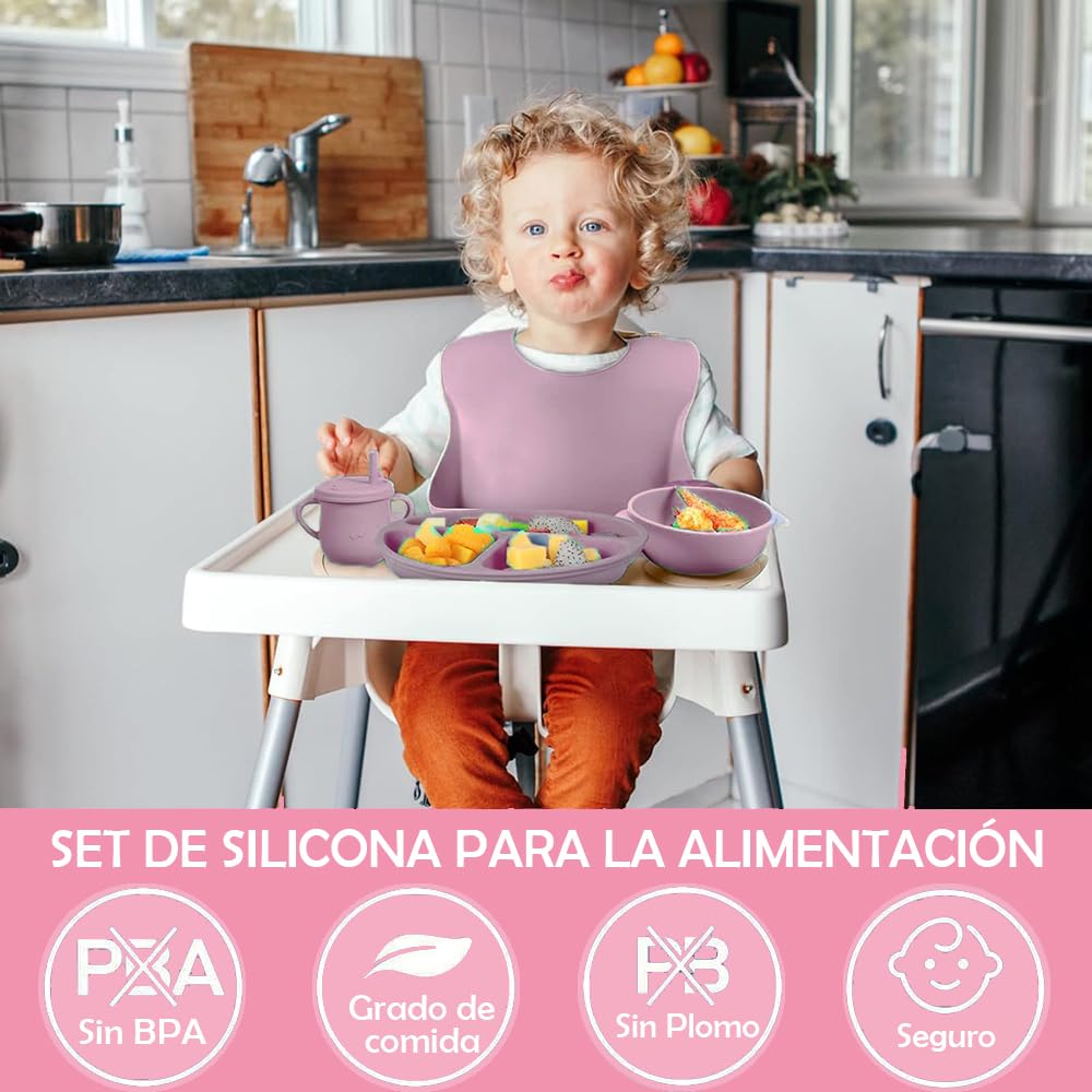 14pzs Vajillas Platos para Bebe Silicona, Set Alimentacion Complementaria Bebe, Plato para Bebe con Ventosas, Baberos Ajustable, Sin BPA, Fácil de Limpiar, Apto para Microondas(Rosado)