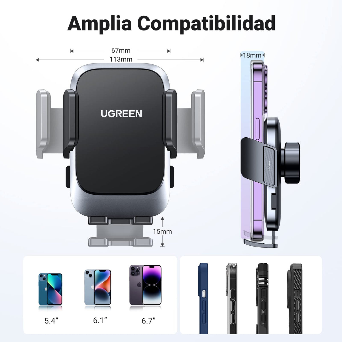 UGREEN Soporte Celular Automóvil, Base Porta Móvil Auto Giratorio 360° con Gancho Metálico y Botón de Liberación, Uso con Una Sola Mano para iPhone 16 15 14 13 Pro MAX, Galaxy S24 S23 S22 Ultra