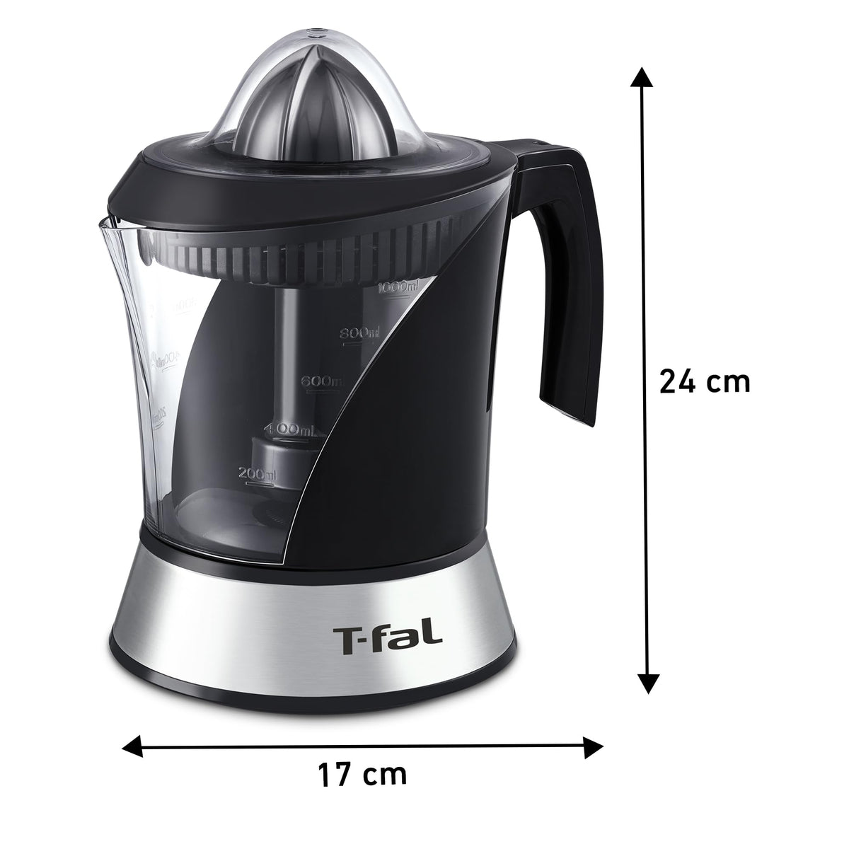 T-fal Exprimidor de Jugo Power Press cuenta con 2 conos removibles y una Jarra de 1 litro con un motor de 40 W de potencia, una gran opción para hacer jugos, Negro e Inoxidable, ZP200855