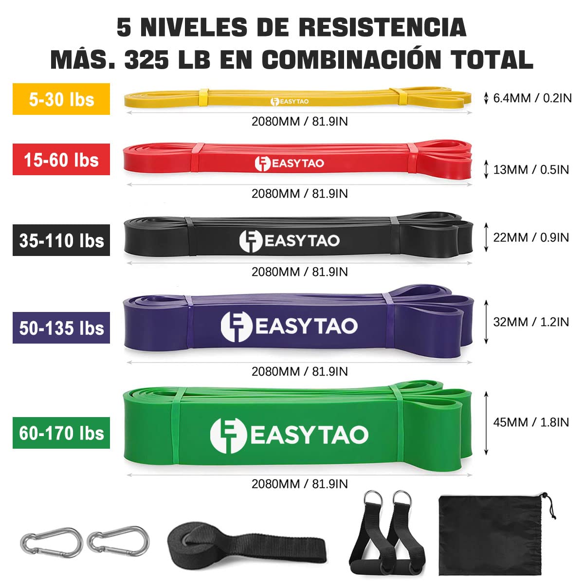 Bandas de Resistencia 5PCS(Látex 100% Natural), Ligas de Resistencia para Ejercicio, Fuerte Bandas Elástica para Pull Up & Crossfit - Con Ancla de Puerta, 2 Manijas, Ganchos y Bolsa (Multicolor)