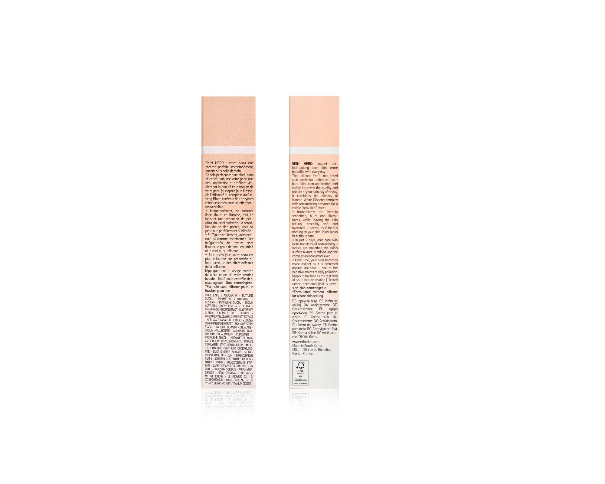 Erborian Skin Hero con ginseng blanco, cuidado facial sin teñir para perfeccionar la piel desnuda de 7 días con ácido hialurónico, cuidado facial cosmético coreano, 15 ml