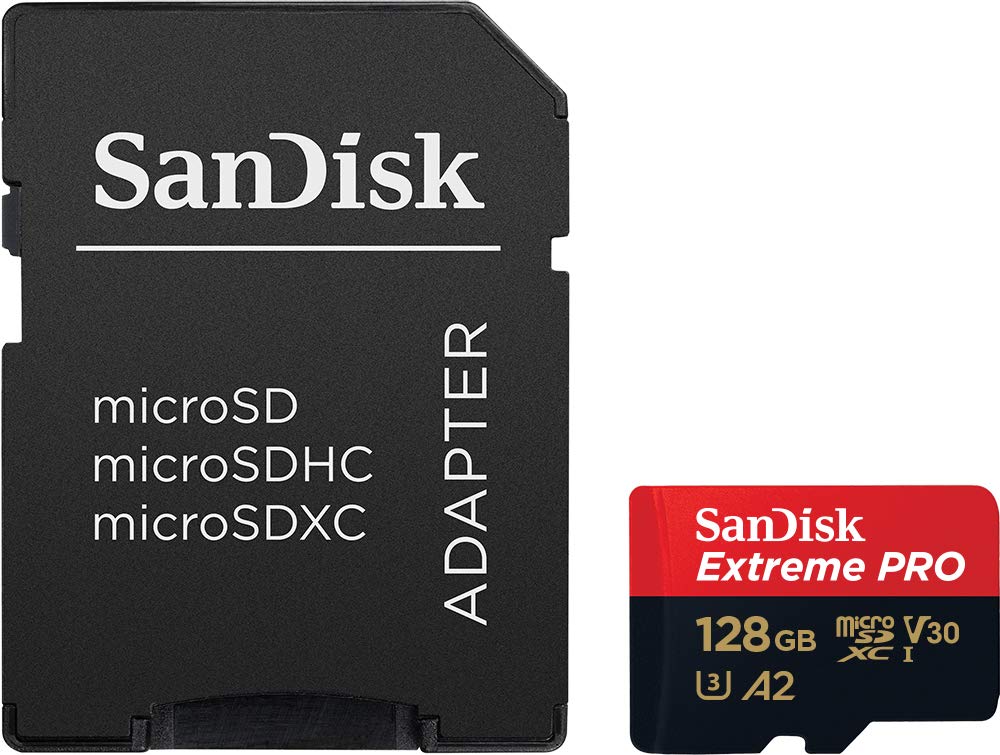 SanDisk 128GB Extreme Pro® microSD™ UHS-I Card with Adapter C10, U3, V30, A2, 200MB/s Read 90MB/s Write SDSQXCD-128G-GN6MA