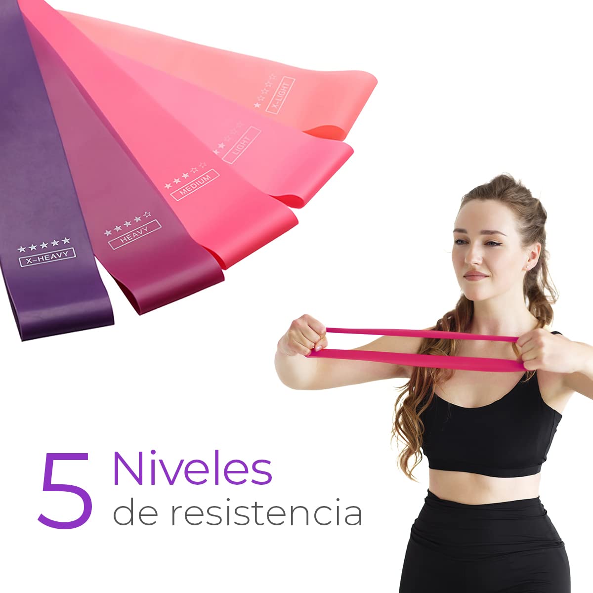 Raganet, Bandas de Resistencia Elasticas, Juego de 5 Ligas de Látex, 5 Tipos de Resistencia, Yoga, Pilates, Fisioterapia, Rehabilitación, Interior y Exterior