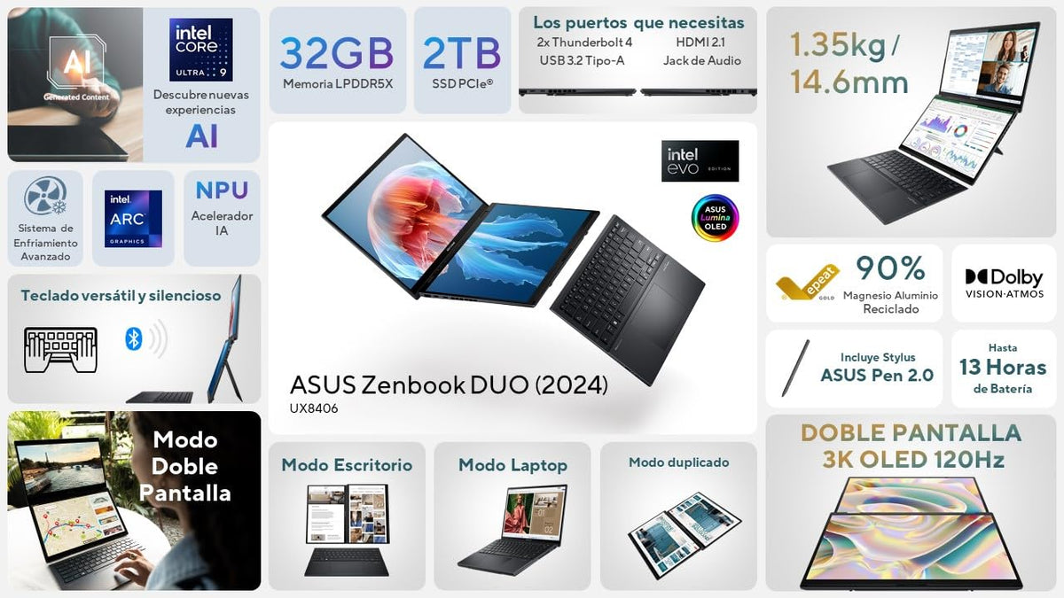 ASUS Laptop Zenbook Duo OLED/UX8406MA-PZ051W/Intel Core Ultra 9/Intel ARC Graphics/32GB RAM/ 2TB/Sleeve y Stylus/Teclado en Español (Garantía y Servicio México)