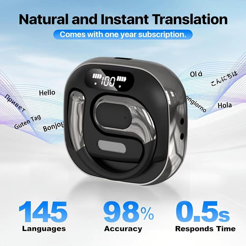 Audífonos Inalámbricos Bluetooth 5.4 Open Ear, Auriculares Traducción 144 Idiomas, Sin Dolor de Oído, Llamadas HD Cero Retardo, Pantalla LED, Sonido HiFi 360°, para Deporte Ejercicio