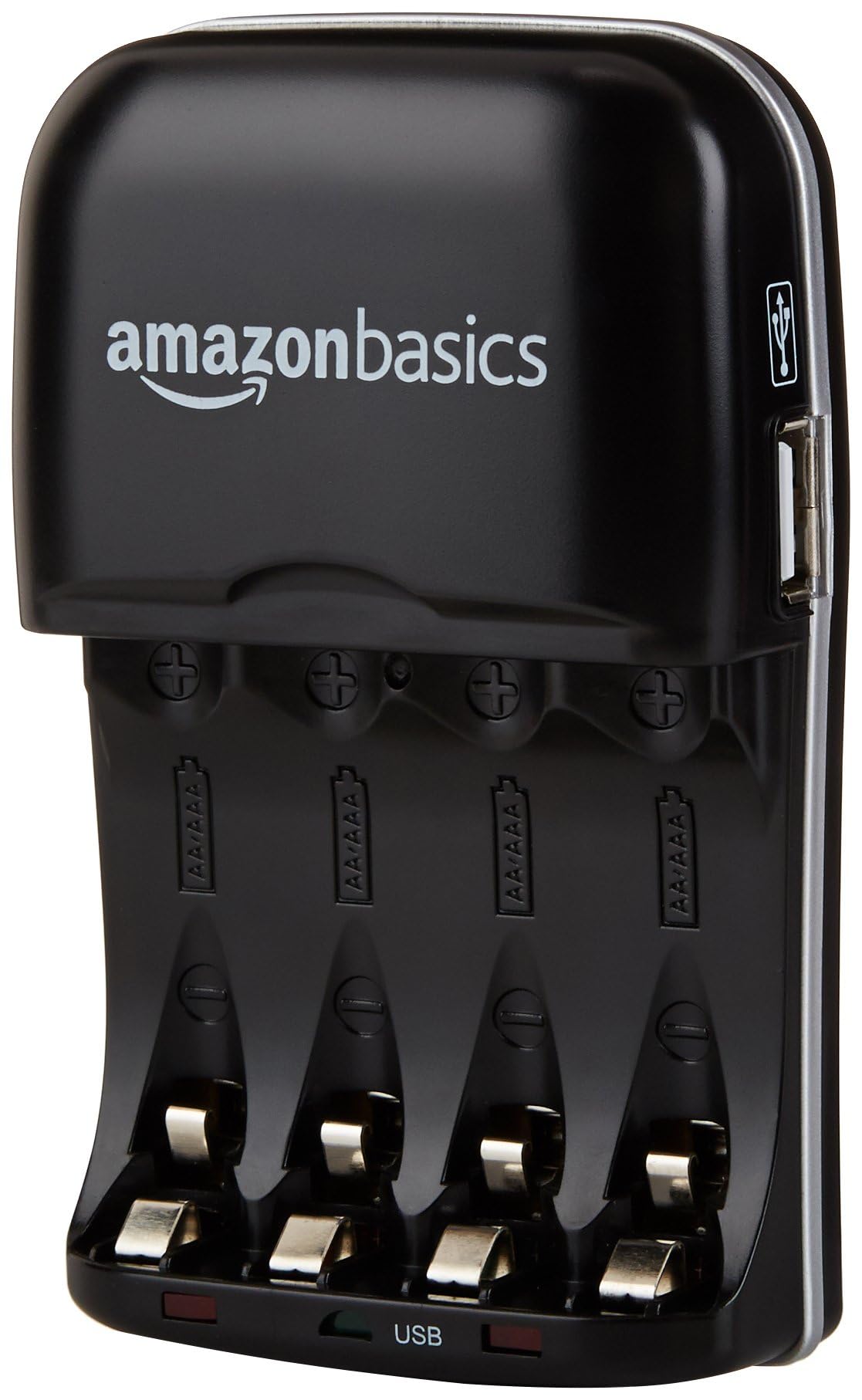 Amazon Basics - Cargador de batería recargable para pilas AA y AAA de hidruro de níquel-metal (NiMH) con puerto de carga USB, color negro