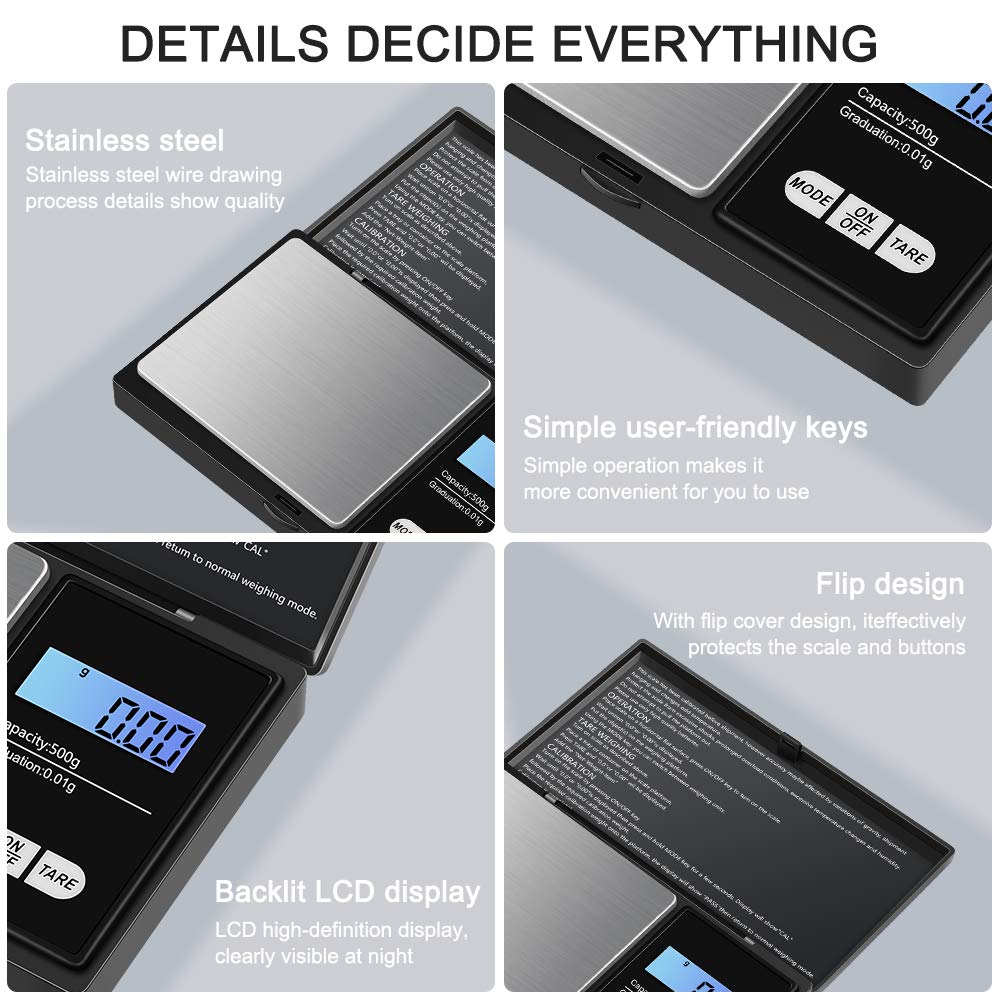 Diyife Báscula Digital de Bolsillo 500g/0,01g, Mini Balanza Cocina Precisión, Báscula Joyería, Portátil Báscula Electrónica Pantalla LCD, Función Tara, para Cocina,Té,Levadura,Café(Baterías Incluidas)