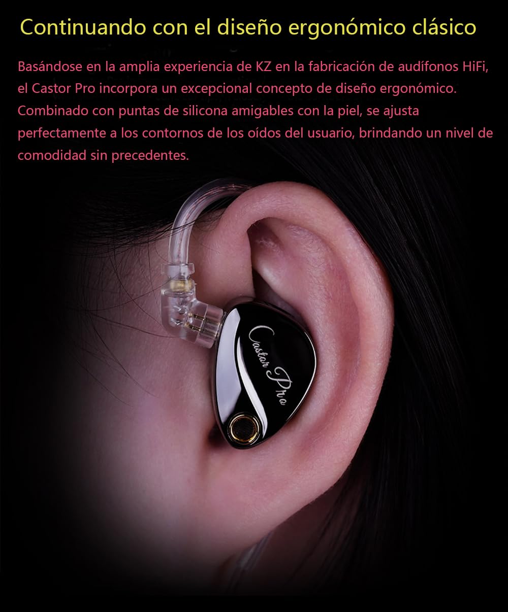 Zengli Kz Castor Pro Auriculares de Alta fidelidad 2 Armadura Equilibrio tunable Alta Gama dinámicos Auriculares (Bajos mejorados) (Negro,con micrófono，4 Accesorios)