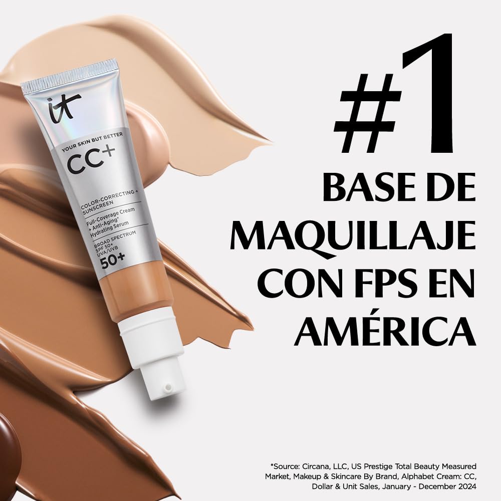 It Cosmetics CC+ Cream FPS 50 Light Medium, base de maquillaje con FPS 50, 32 ml