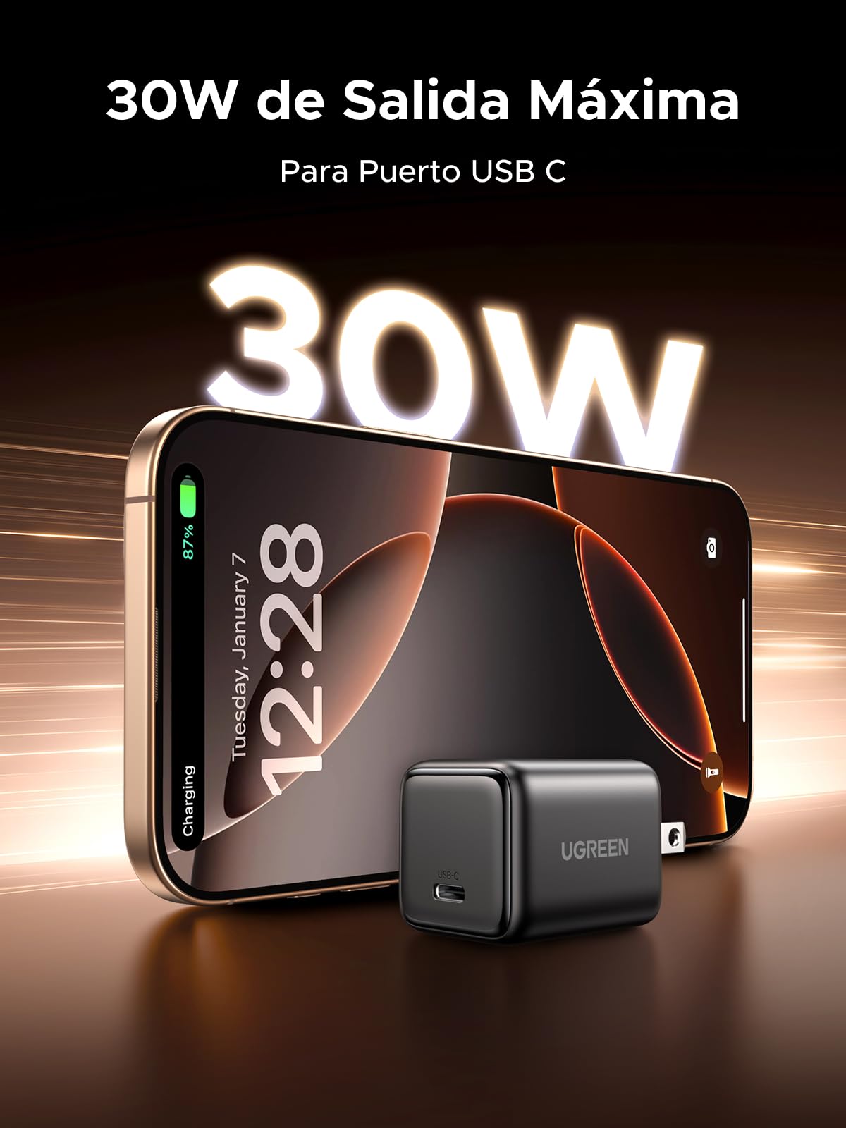 UGREEN 30W Cargador Tipo USB C Carga Rápida, Cubo de Pared para Celular, GAN Material Compatible con Galaxy S25/S24, iPhone 16 15 14 Pro MAX, Macbook Air, iPad Pro, Negro