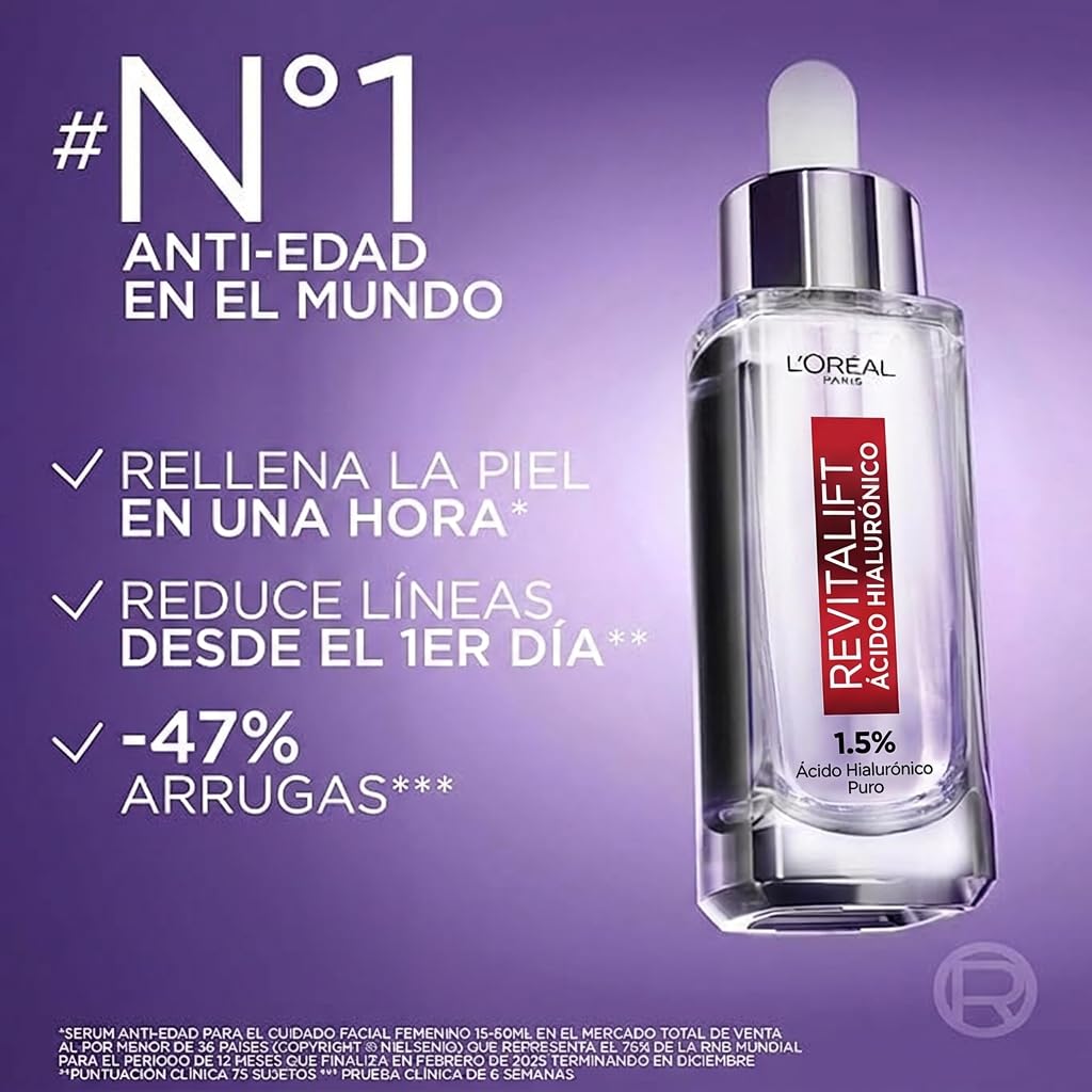L'Oréal Paris Kit Ácido Hialurónico: Sérum Rostro + Sérum Ojos, 2 piezas. Hidrata intensamente y rellena líneas de expresión