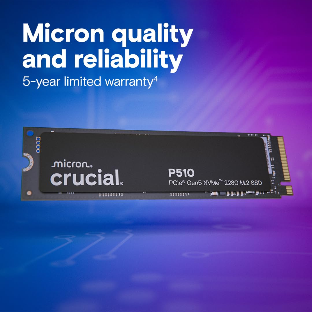 Crucial P510 1TB Gen5 NVMe SSD, hasta 11.000 MB/s, PCIe 5.0 M.2 2280 SSD, Unidad Interna de Estado sólido, Compatible con computadora portátil, computadora de Escritorio, +Software Acronis -