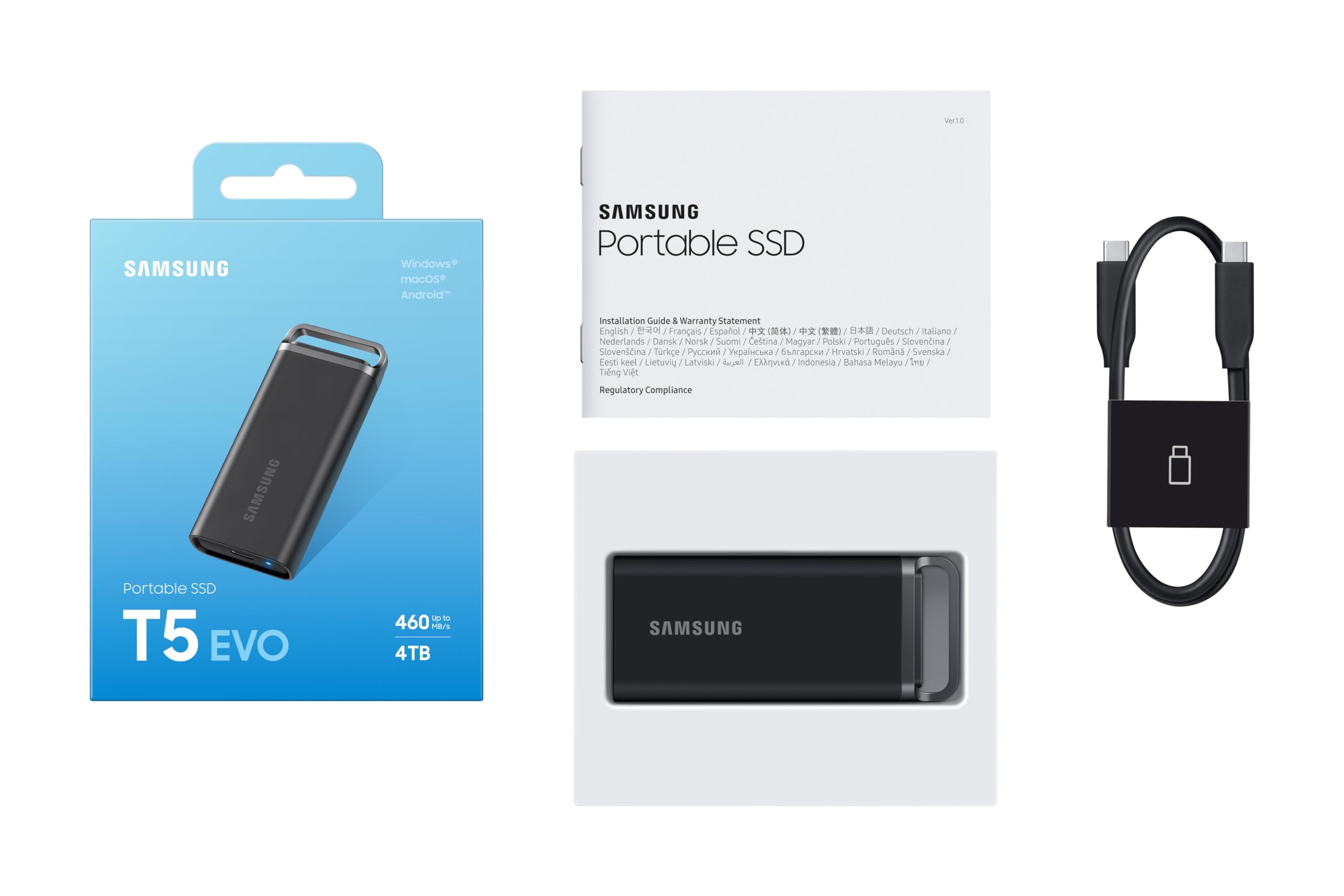 SAMSUNG T5 EVO SSD portátil de 4 TB, USB 3.2 Gen 1 Unidad Externa de Estado sólido, Seq. Velocidades de Lectura de hasta 460 MB/s para Juegos y creación de Contenido, MU-PH4T0S/AM, Negro