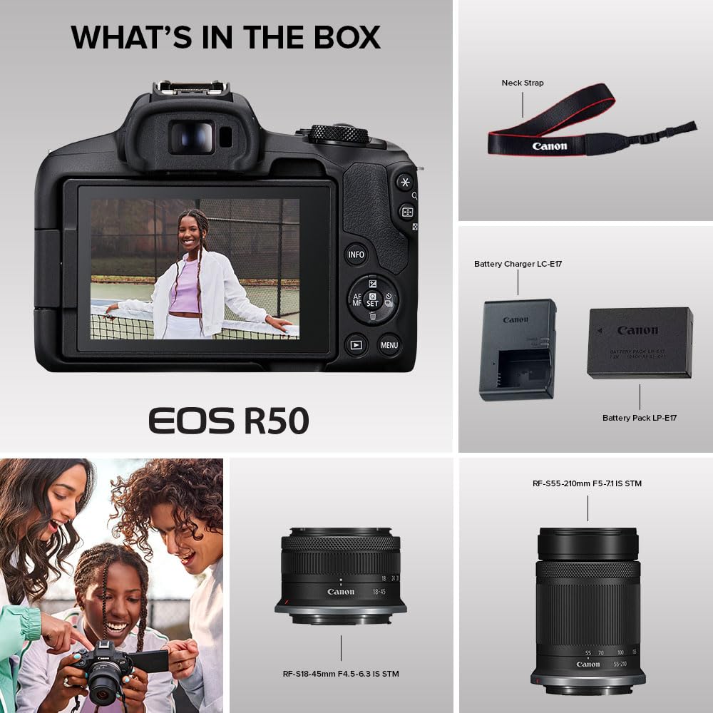 Canon EOS R50 Cámara de vlogging sin espejo (negro) con RF-S18-45mm F4.5-6.3 es STM y RF-S55-210mm F5-7.1 es lente STM, 24.2 MP, video 4K, detección y seguimiento de sujetos, compatible con smartphone