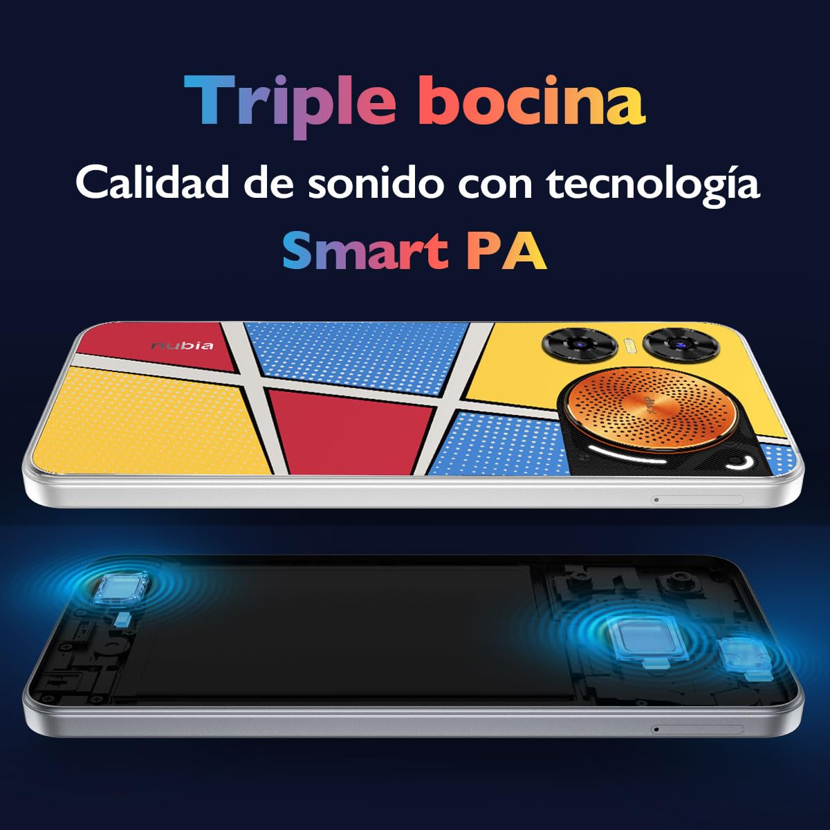 nubia Celular Music 2, 6.7” 120Hz, Triple bocina Sonido Estéreo 600%+, Cámara 50MP y 256GB+8GB RAM (4GB + 4GB Dinámica), Batería 5000mAh, Multicolor