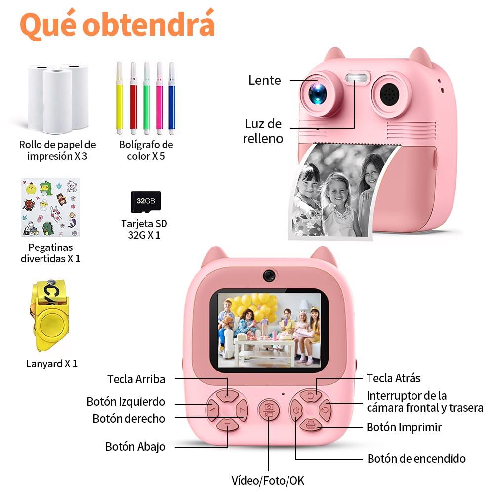 JoJoego Cámara infantil instantánea de 2,4 pulgadas, 24 MP, cámara digital infantil con selfie, cámara dual 1080P HD, tarjeta de memoria de 32 GB, 5 rollos de papel de impresora, regalo para JoJoego Cámara infantil instantánea de 2,4 pulgadas, 24 MP, cámara digital infantil con selfie, cámara dual 1080P HD, tarjeta de memoria de 32 GB, 5 rollos de papel de impresora, regalo para