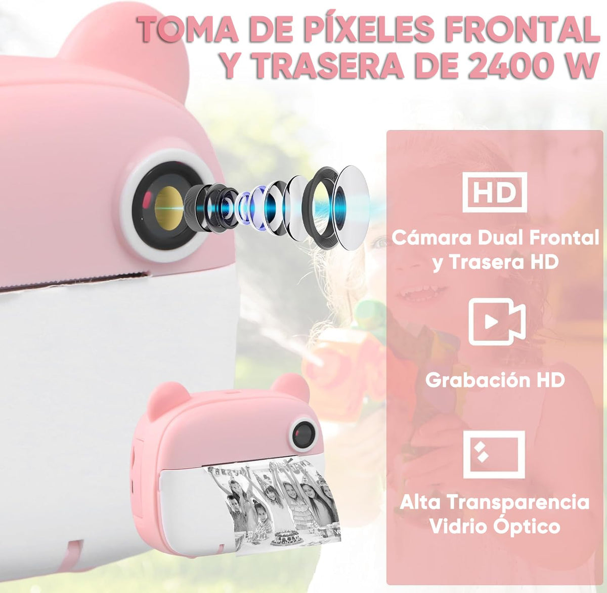 WEAGP Cámara Fotos Infantil, Cámara Instantánea para Niños 1080p HD con 32GB Tarjeta SD y 3 Vols Papel de Impresión, Camara Infantilespara Niñas para Niños y Niñas de 3 a 12 Años (Rosa)