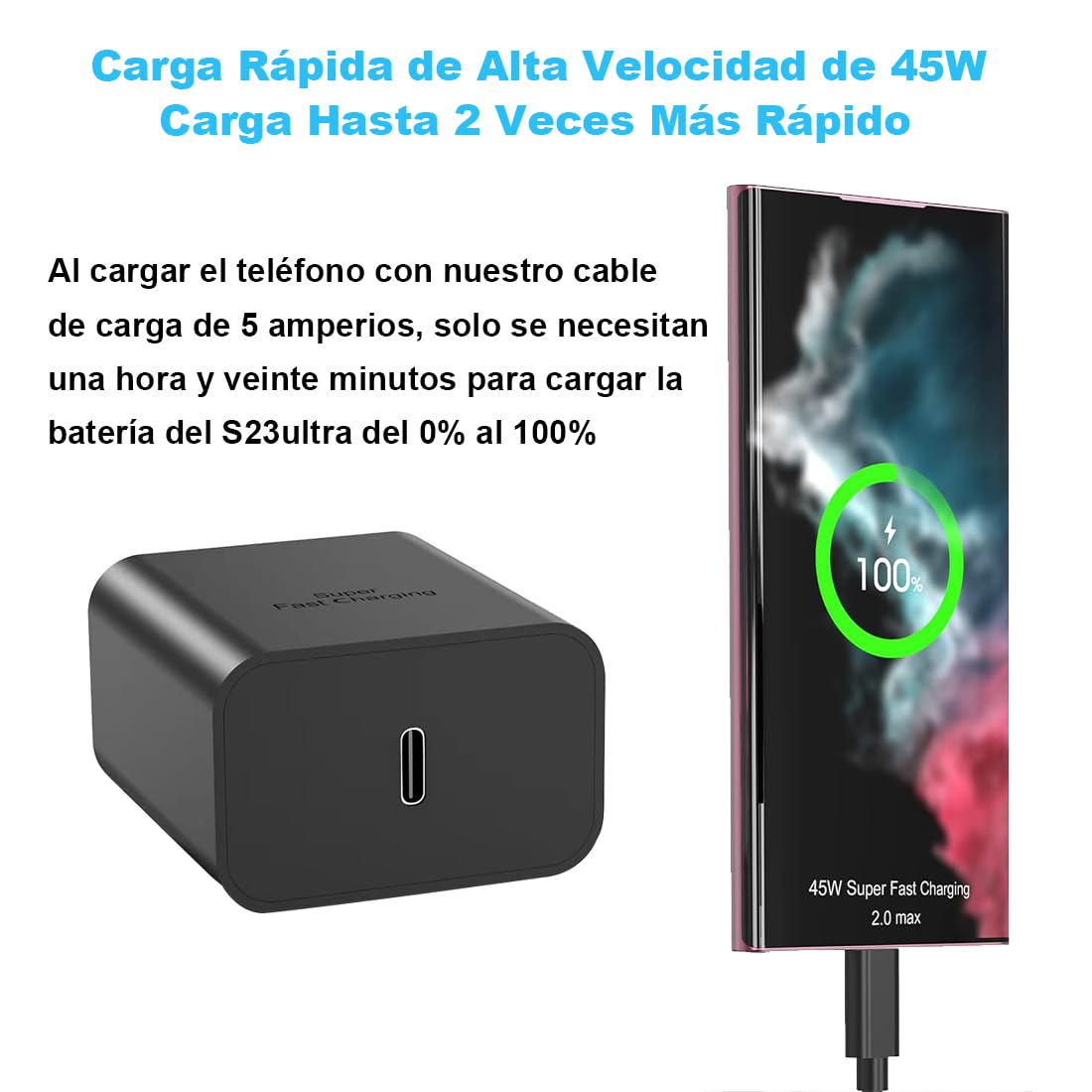 45W Rápido Cargador Tipo C, Cargador USB C Carga Rapida con Cable de 1M, para Samsung Galaxy S25 Ultra/S24 Ultra/S24+/S23 Ultra/S23+/S22 Ultra/S21 FE/Note 10 +/Galaxy Tab S7+/S8+/S8 Ultra/S9+/S9 Ultra