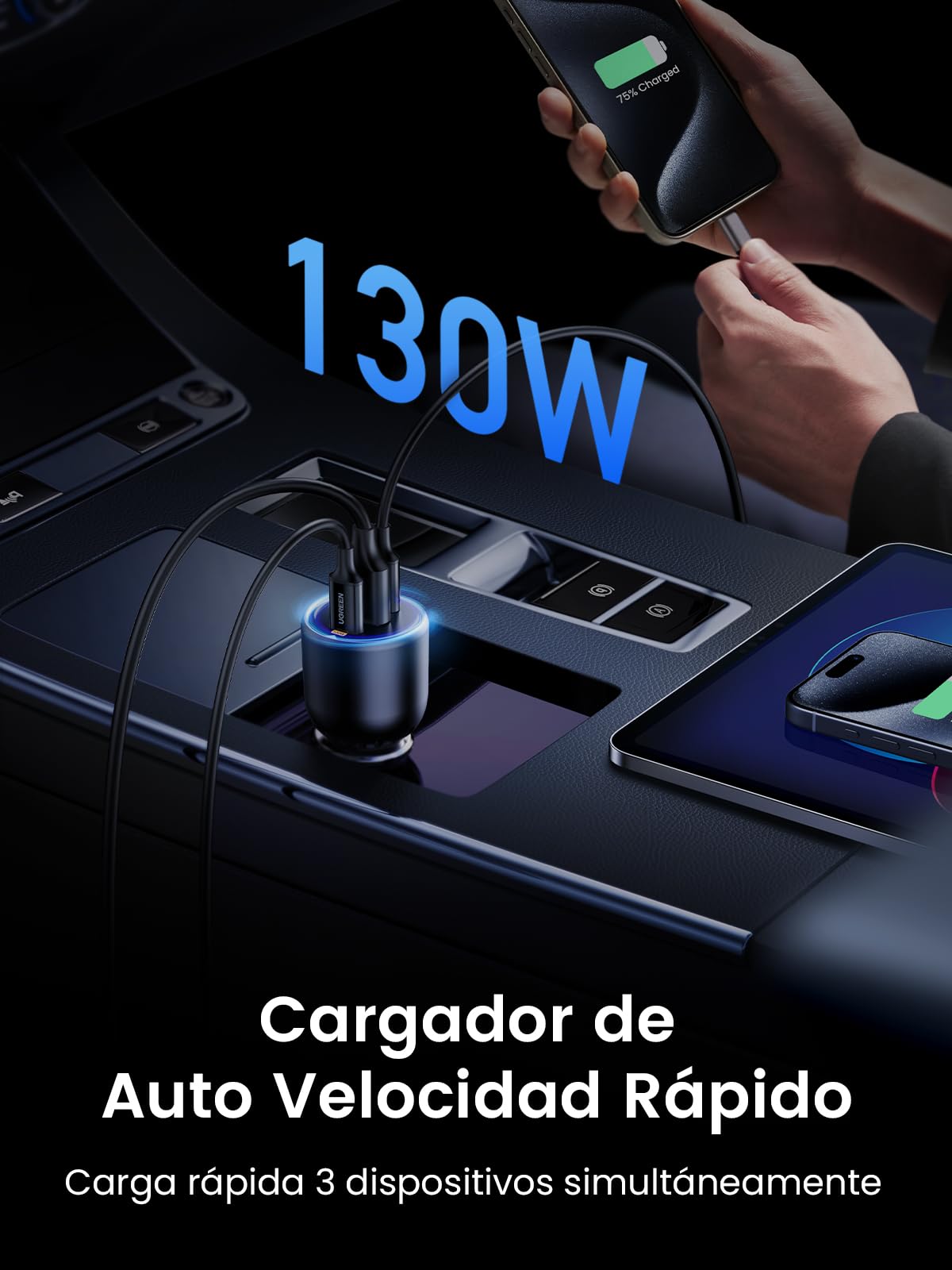 UGREEN 130W Cargador de Coche USB C con 1M 100W Cable USB C, Adaptador de Auto Tipo C Carga Rápida PD 3.0 Compatible con iPhone 16 15 14 13 12, Galaxy S25 S24 Ultra, Xiaomi, MacBook Pro Air, iPad Mini