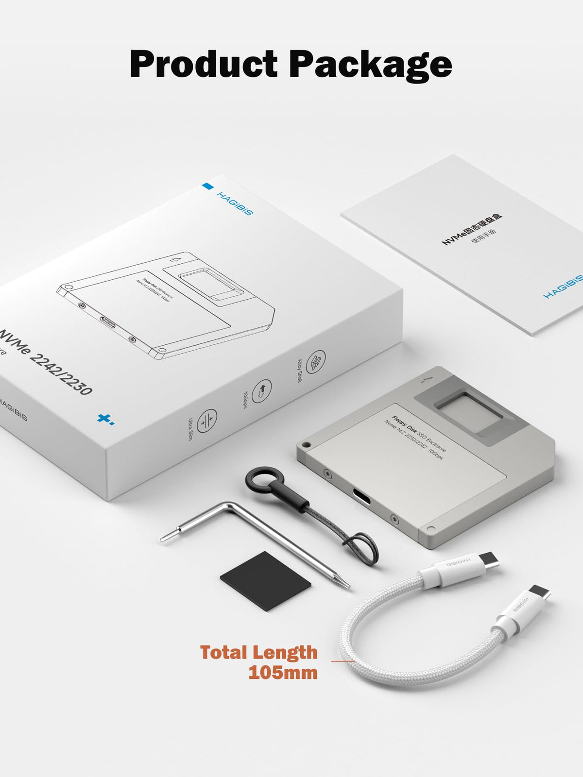 Hagibis Caja SSD, Estilo Disquete USB 3.2 Gen2 10 Gbit/s a NVMe PCI-E M.2 2230/2242 SSD, Caja de Disco Duro Externo M.2 para MacBook, Computadora Portátil, iPad, Android, iPhone 17 Pro Max