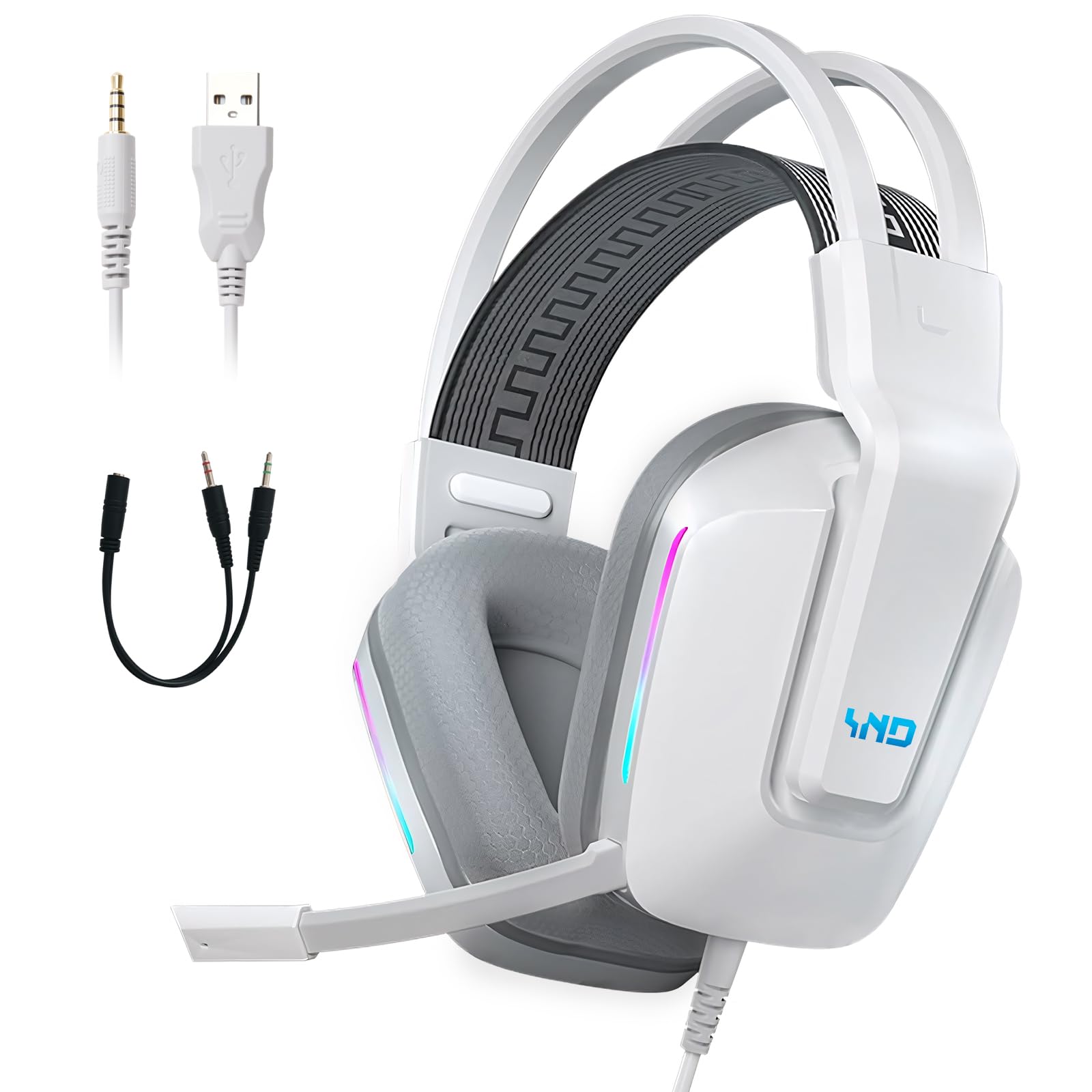 Audífonos de diadema, Audifonos con micronofono, 3.5mm Audio Jack, Almohadillas de espuma viscoelástica para los oídos, Audifonos Alambrico para Nintendo Switch Xbox Series X PS4 PS5 PC Mac, Blanco