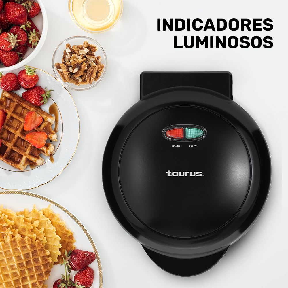 TAURUS BÉLGICA | Wafflera antiadherente | Negra | Waffles de 16 cm de diámetro | Indicadores luminosos| Frío al tacto