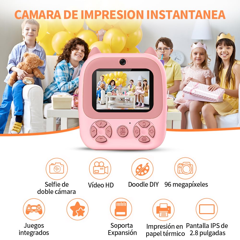JESWO Cámaras Digitales Instantáneas, Camara Fotos Infantil Instantanea, Cámara para Niños con una batería de 2200 mAh, una Tarjeta SD de 32 GB y Tres Rollos de Papel térmico, es compacta y portátil
