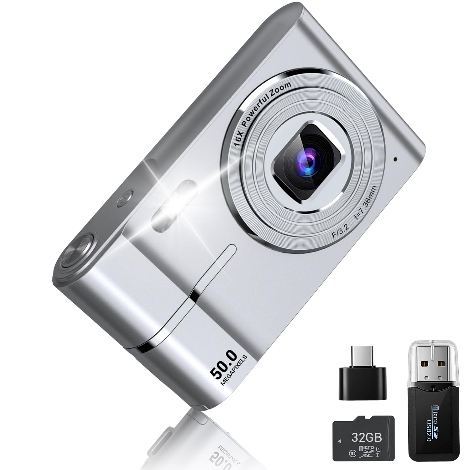 vantisan Cámara Digital, HD 1080P 50MP Vlogging, Cámara de Video con Tarjeta 32GB, Enfoque Automático con Zoom 16X, Disparo Continuo, Pantalla IPS de 2.4'', Mini Camara para Niños y Niñas
