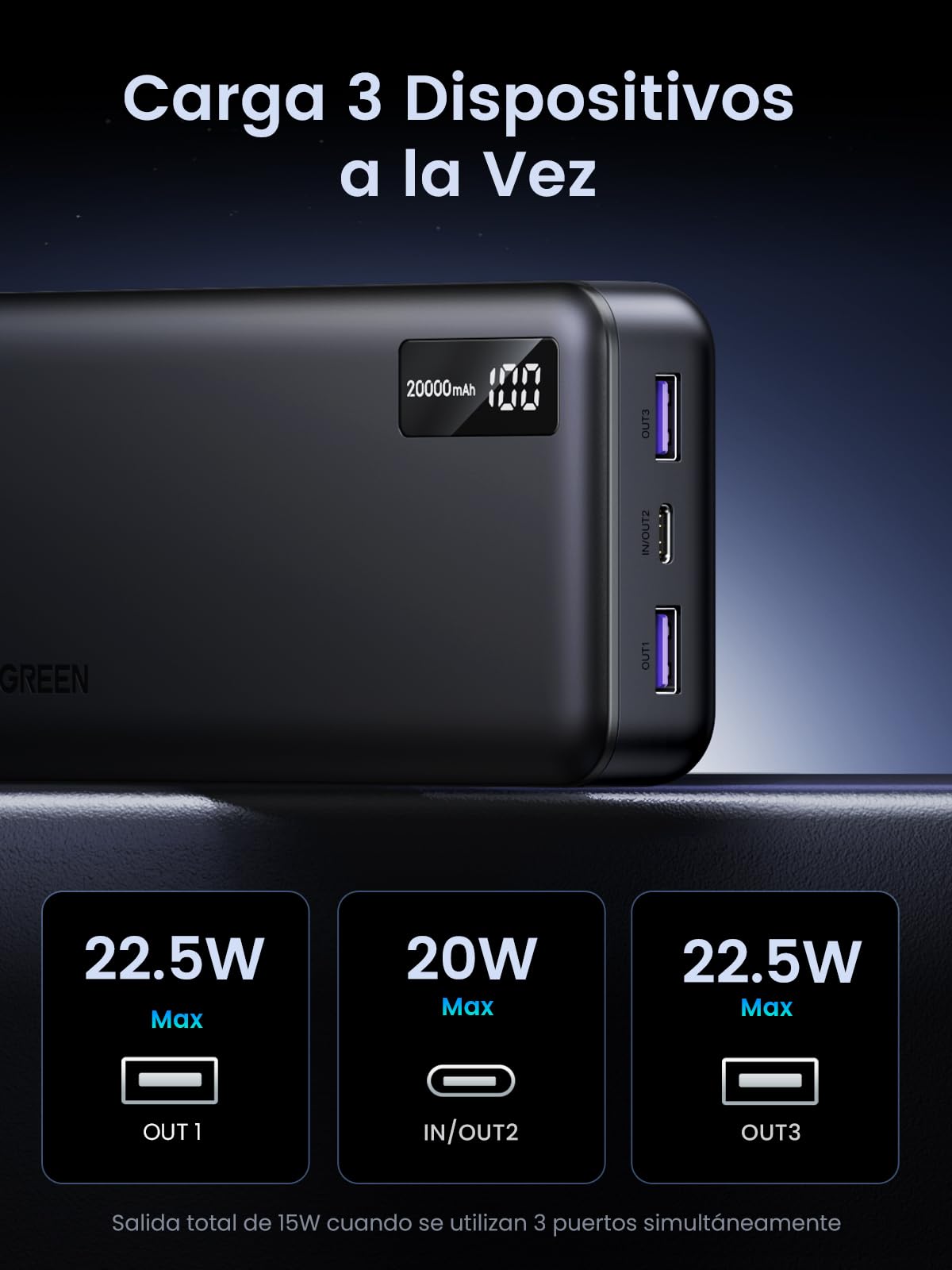UGREEN 20000mAh Power Bank 22.5W Máx Carga Rápida, 2 USB A y 1 C Cargador Portátil PD3.0 y Pantalla Digital，Powerbank Batería Compatible con iPhone 16/15, iPad, Airpods, Galaxy S24, Pixel