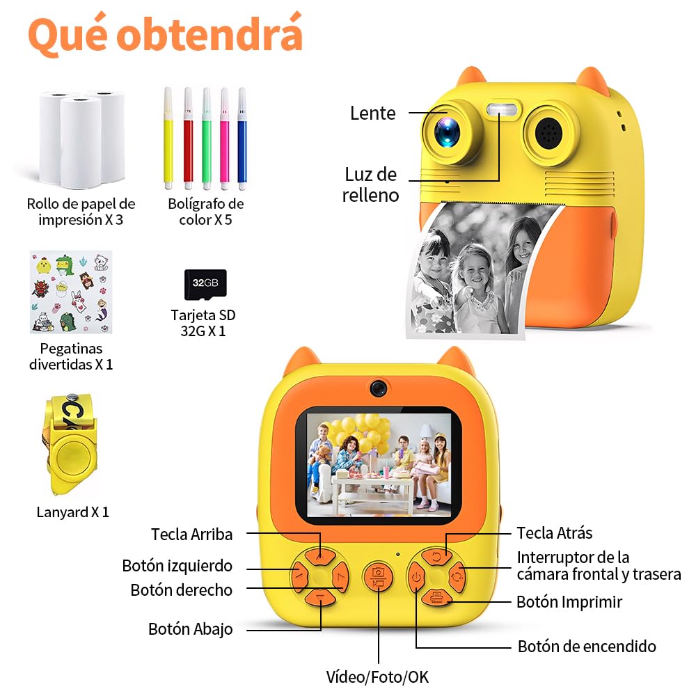 JESWO Cámara Infantil, Cámara Instantánea para Niños, Tarjeta SD de 32 GB Cámara de impresión instantánea para niños de 3 a 12 años