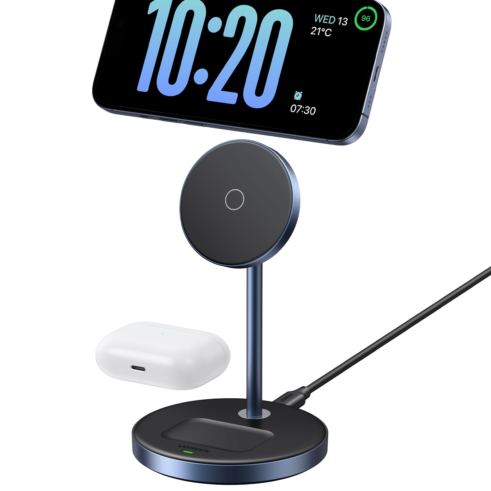 UGREEN Soporte de Carga Inalámbrico,15W Qi 3 en 1 Estación Cargable Inalámbrica, Cargador con Cable USB-C 1M, Compatible con iPhone 16/16 Plus/16 Pro/16 Pro Max/15/14/13/12 y AirPods Series