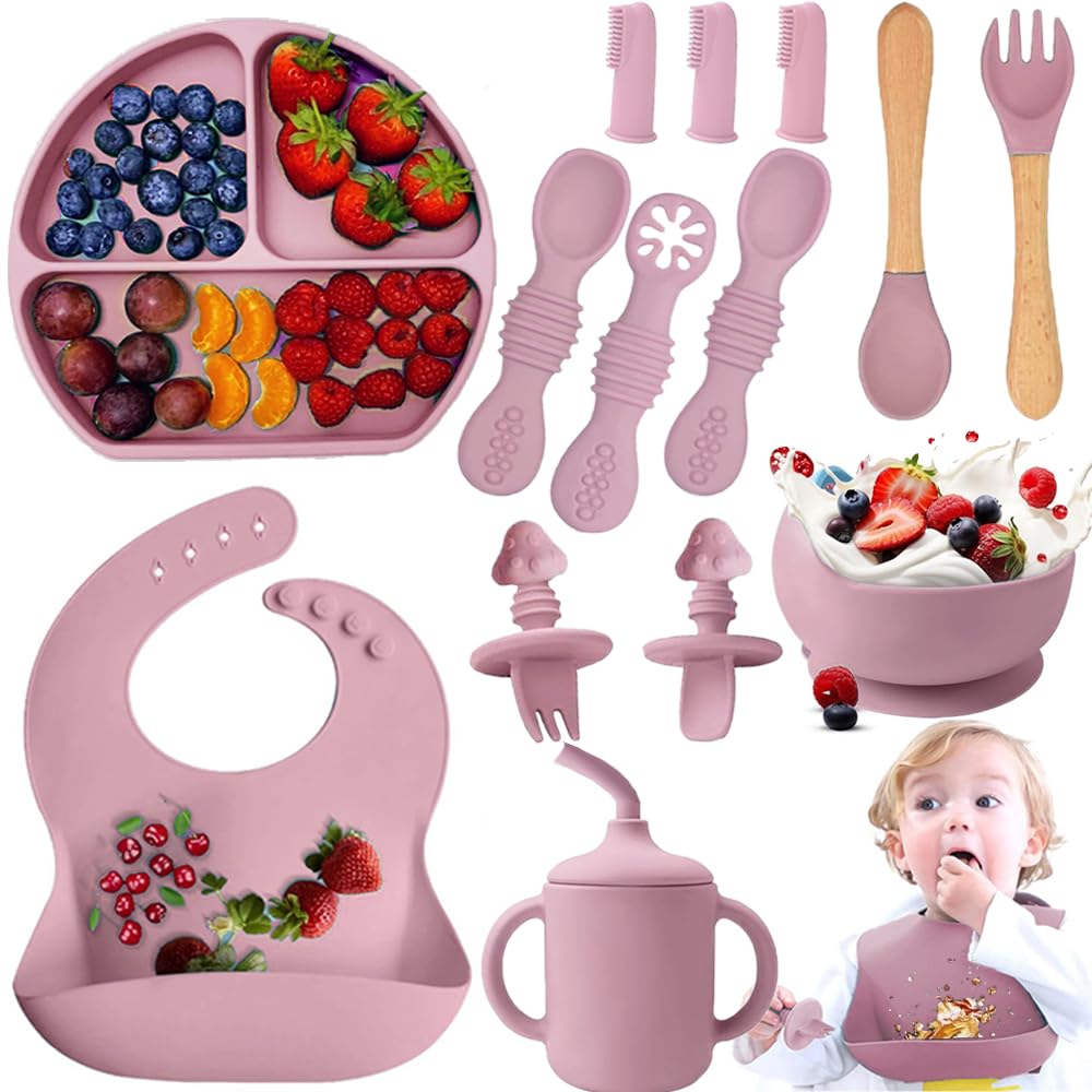 14pzs Vajillas Platos para Bebe Silicona, Set Alimentacion Complementaria Bebe, Plato para Bebe con Ventosas, Baberos Ajustable, Sin BPA, Fácil de Limpiar, Apto para Microondas(Rosado)